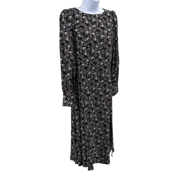 Ann Taylor LOFT Floral Midi Dress WMNS 2 Black Puff Sleeve High Neck Zip Slit LS - Picture 6 of 16